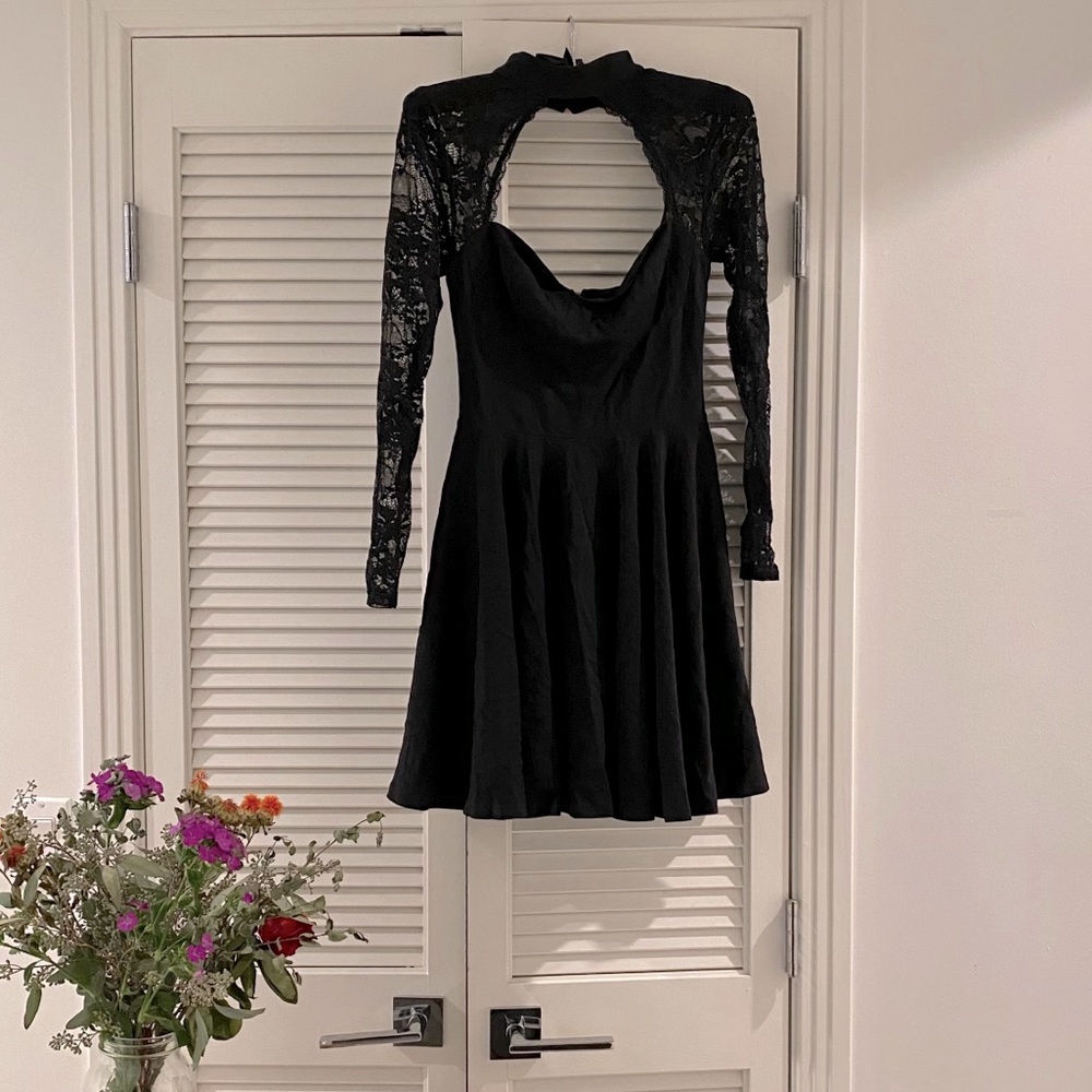 BEBE LACE AND PONTE KNIT FLARE DRESS